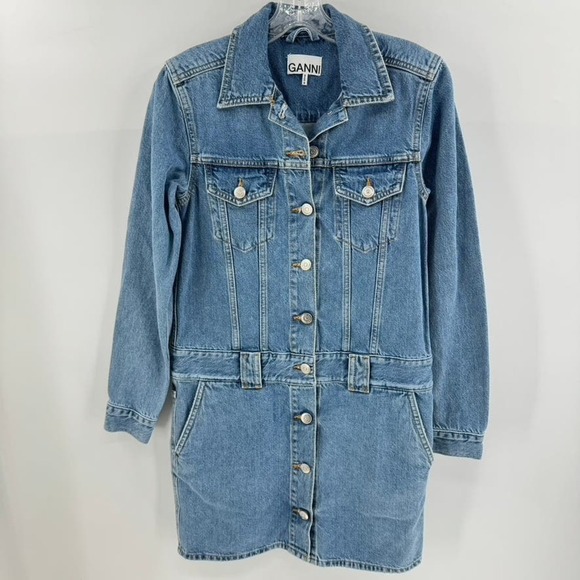 Ganni Size 34/2 Blue Button Front Premium Jean Denim Mini Dress - Picture 1 of 5